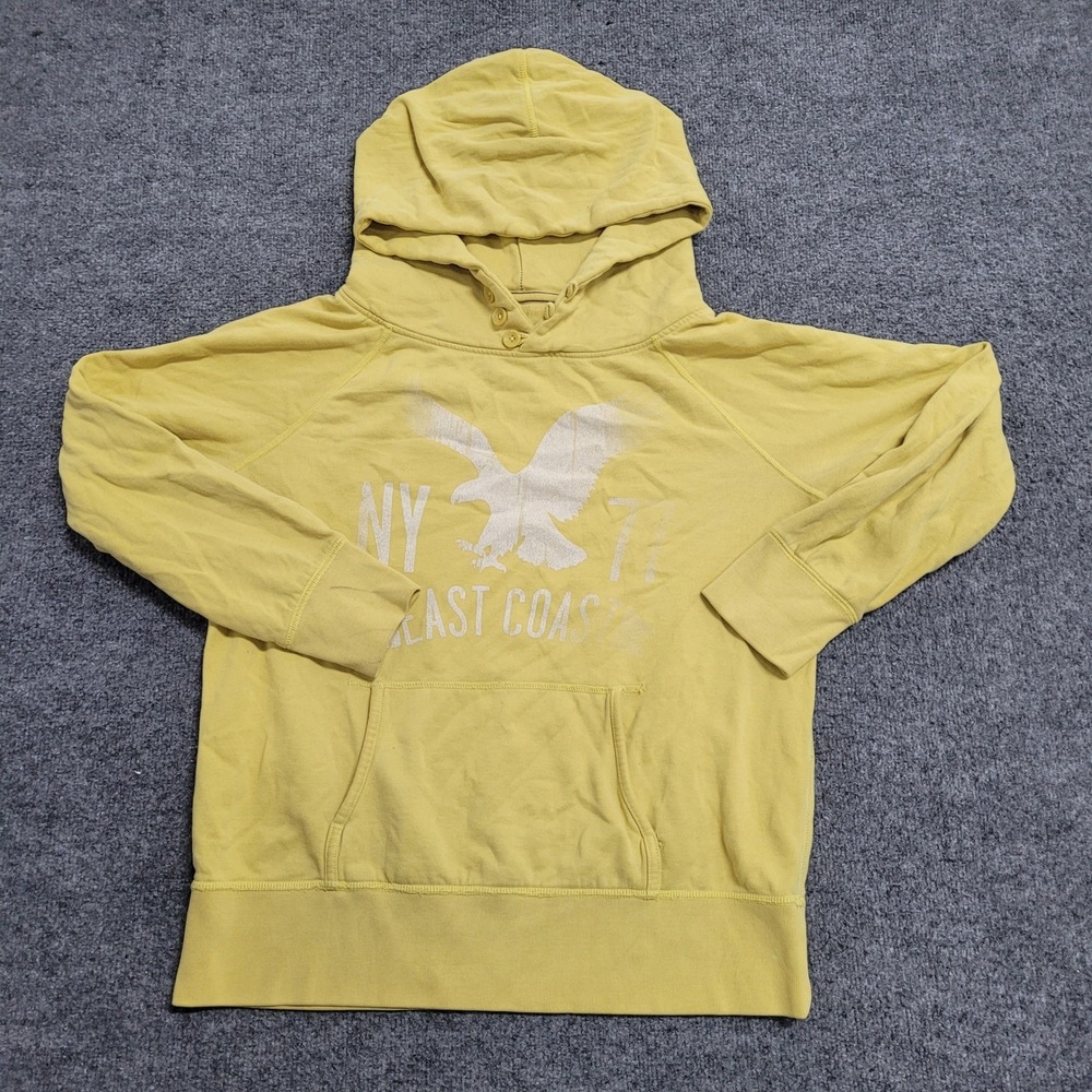 American Eagle Hoodie Womens Size XL Yellow Graphic Pullover Button Neck Casual
